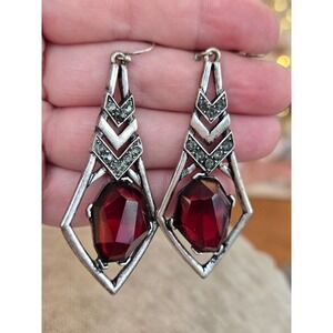 Marcasite Red Glass Drop Earrings Vintage